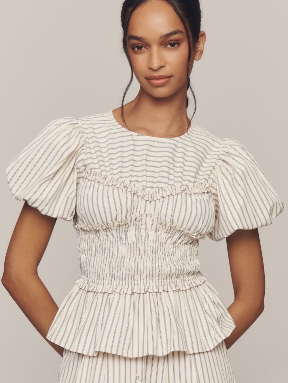 Anthropologie En Saison Azra Puff-Sleeve
Peplum Top - Ivory/Navy